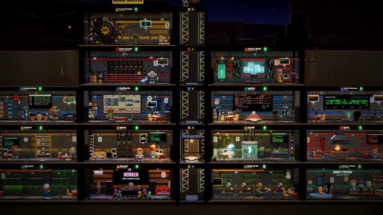 work-shelter: an underground shelter in cross-section, with a dozen rooms on several floors, an elevator shaft in the middle and small characters working at their desks.